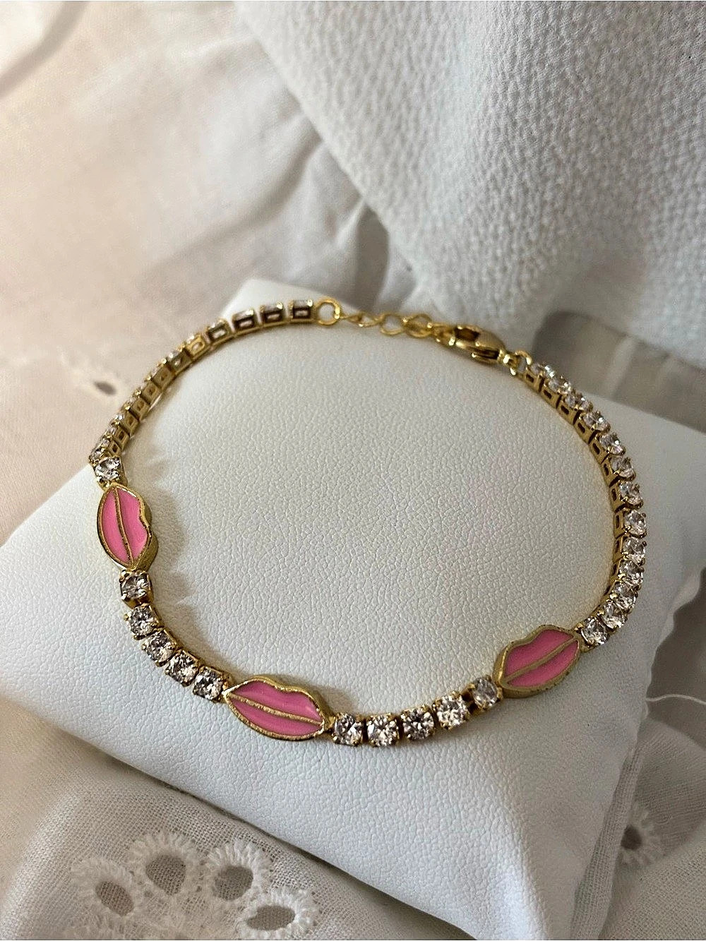 Pink Enamel Lip & Rhinestone Tennis Bracelet